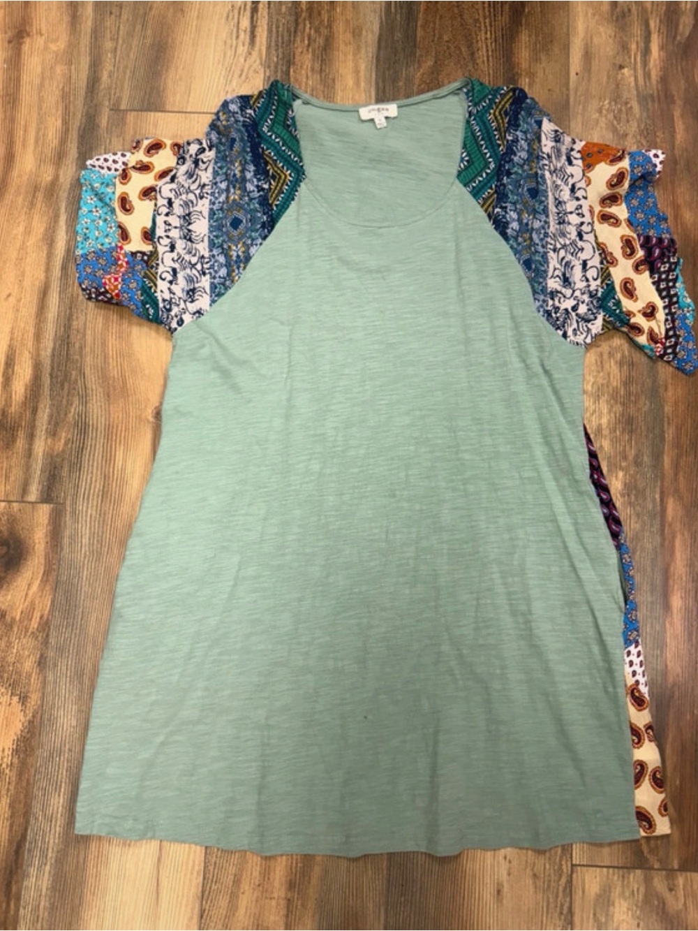 Umgee Mint Green Tunic with Multicolor Patchwork Sleeves